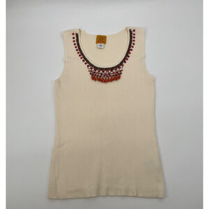 Ruby Rd Ribbed Tank Top Beaded Necklace Statement Ivory Size M Boho Festival